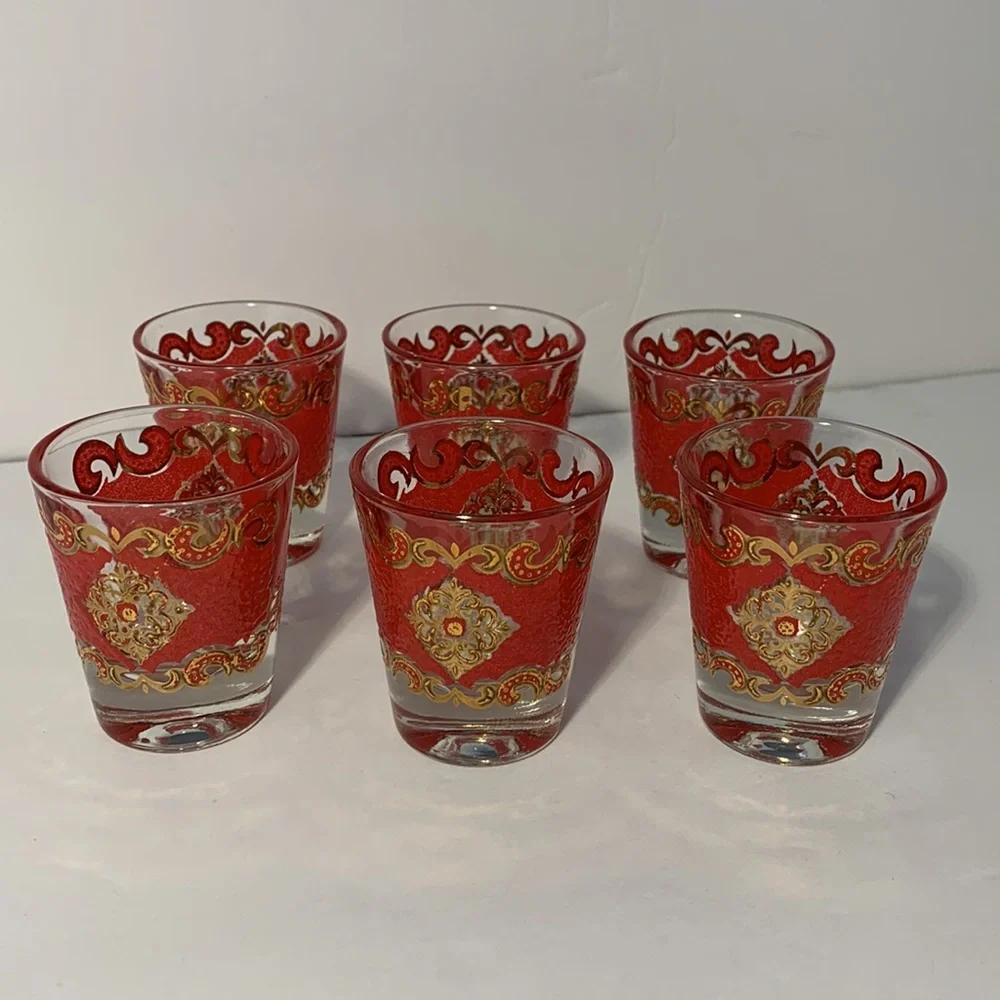 VTG Starlyte Barware Shot Glasses Signed Red and Gold Textured Design Set Of Six